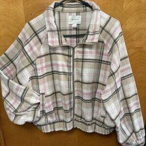 Hyfve Womens Waist Cropped‎ Pink And Beige Flannel Zip Up Jacket Sz L